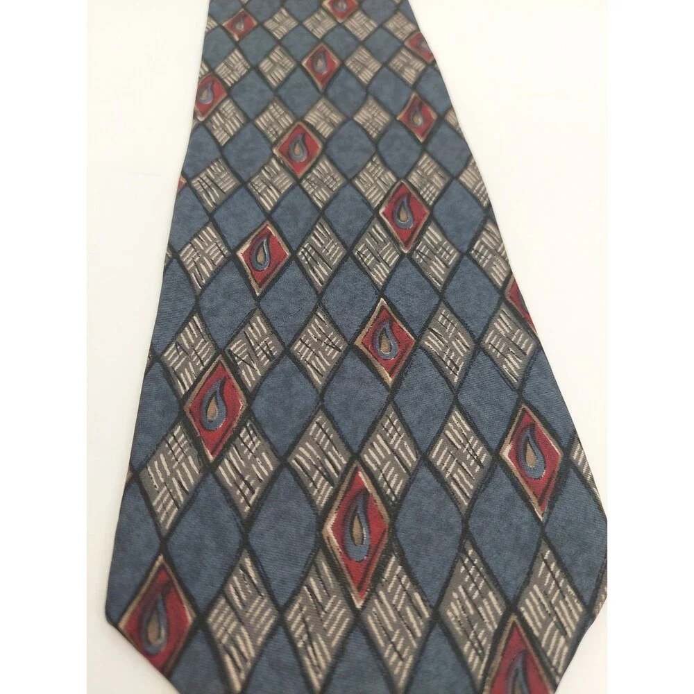 Henry Grethel Men's Tie Blue Burgundy Gray Diamond Pattern